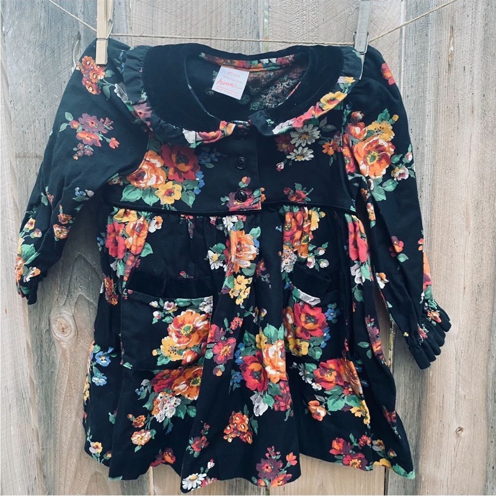 Vintage Hanna Andersson Floral Black Kids Dress 80cm size 2
